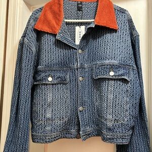 Cider Textured Blue Jacket with Red Collar